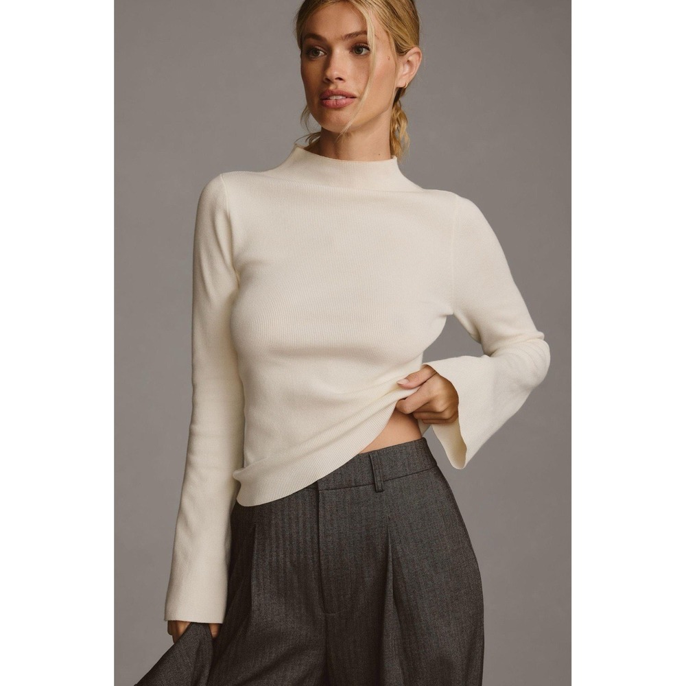 Maeve Ivory Mock Neck Sweater with Flared Cuffs